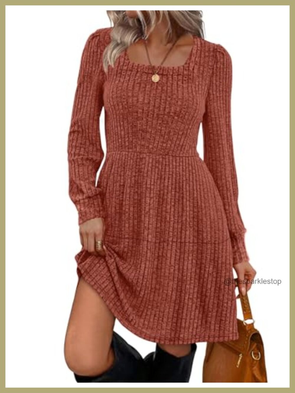 Sampeel Square Neck Long Sleeve Babydoll Sweater Dress Casual Tunic